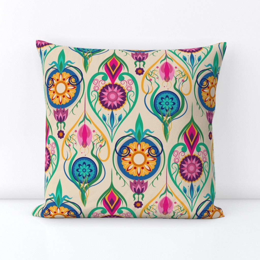 Suzani-Inspired Ogee Floral on Cream Background