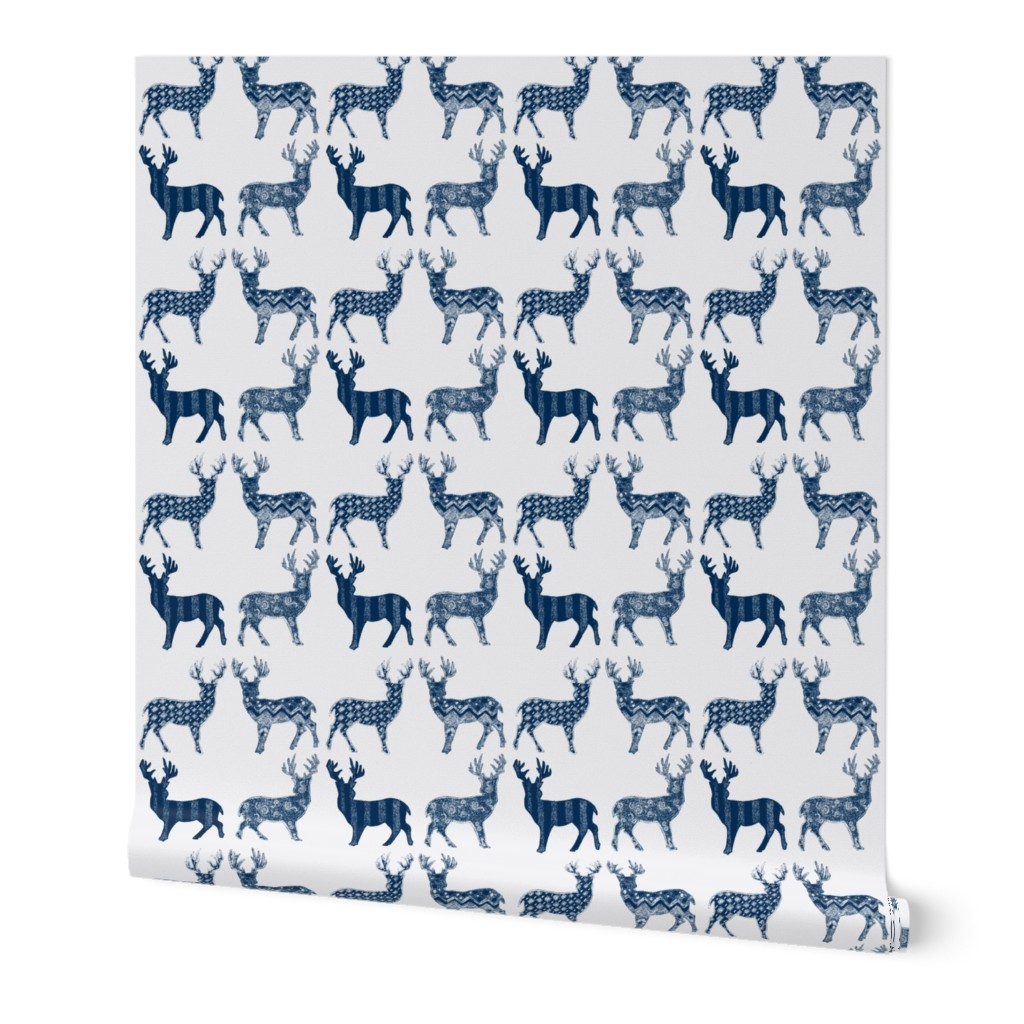 Navy Blue Meadow Deer on White SMALL SCALE