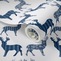 Navy Blue Meadow Deer on White SMALL SCALE