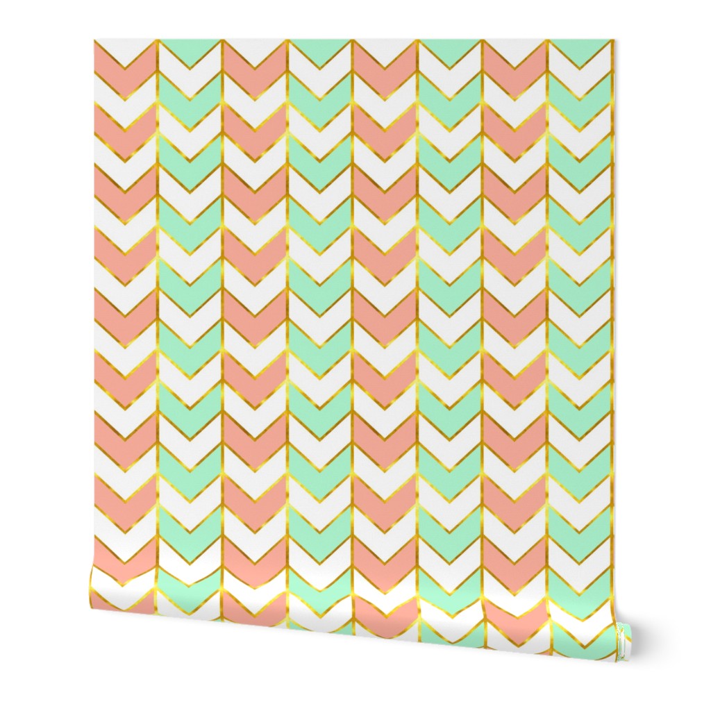 Gilded Herringbone in Shades of Mint and Light Coral