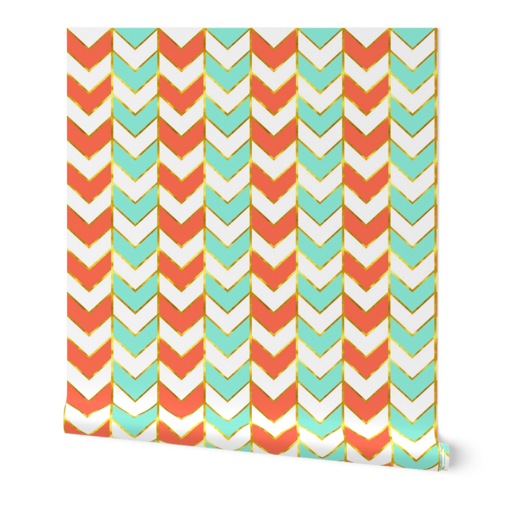 Gilded Herringbone in Bright Coral and Mint