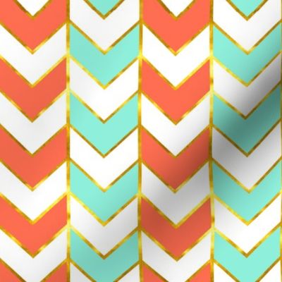 Gilded Herringbone in Bright Coral and Mint