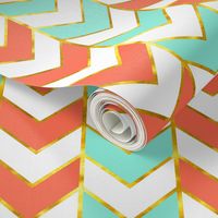 Gilded Herringbone in Bright Coral and Mint