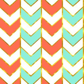 Gilded Herringbone in Bright Coral and Mint