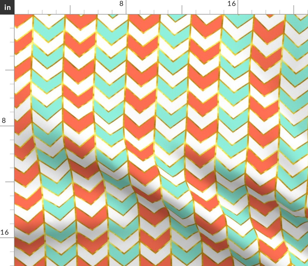 Gilded Herringbone in Bright Coral and Mint