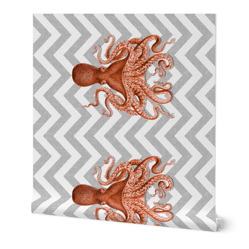 Coral Octopus on Grey Chevron Tea Towel 