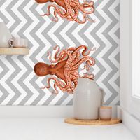 Coral Octopus on Grey Chevron Tea Towel 