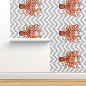 Coral Octopus on Grey Chevron Tea Towel 