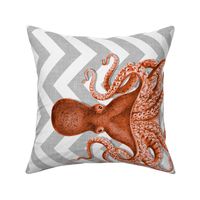 Coral Octopus on Grey Chevron Tea Towel 