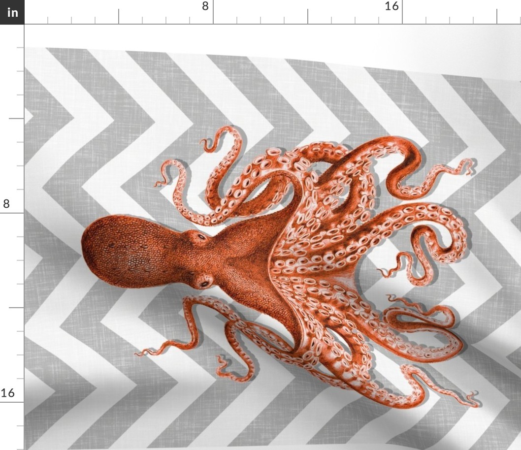 Coral Octopus on Grey Chevron Tea Towel 