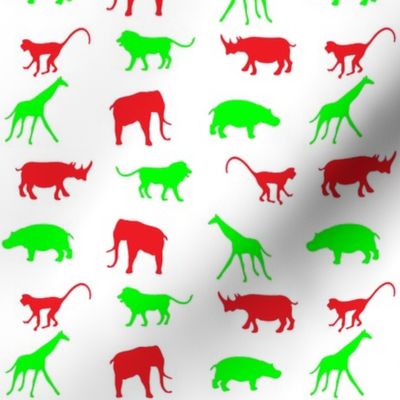 African Safari Animals on Parade -- Red and Green on White