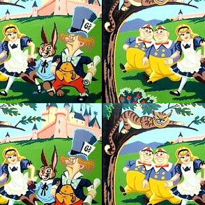 retro alice wonderland mad hatter rabbit fantasy Cheshire cat trees girls fairy tales story Tweedledum Tweedledee twins brothers garden castle palace Lewis Carroll