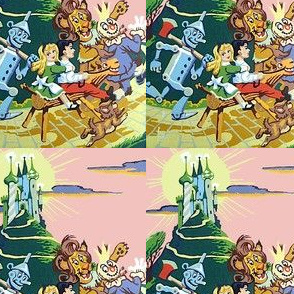 vintage retro wizard of oz Dorothy toto tin wood man scarecrow cowardly lion palace caste emerald city fairy tales horse boy mountain hills sun clouds