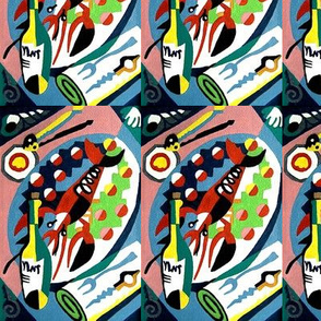 vintage retro kitsch pop art abstract dining cutlery table Corkscrews Openers forks wine bottles colorful meals food lunch dinner napkins vegetables Cubism Cubist 