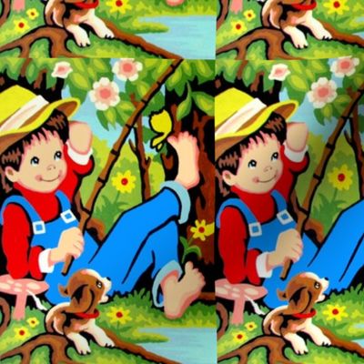 vintage retro kids boys children kids fishing country rural flowers trees grass mushrooms fungus dogs puppies lakes rivers butterfly overalls hats