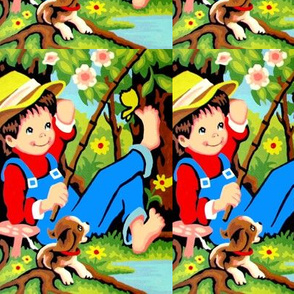 vintage retro kids boys children kids fishing country rural flowers trees grass mushrooms fungus dogs puppies lakes rivers butterfly overalls hats