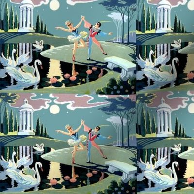 ballet gazebo trees moon clouds stars ballet ballerinas dancers dancing garden pond swans water lily lilies lakes masquerades masks flowers dancing