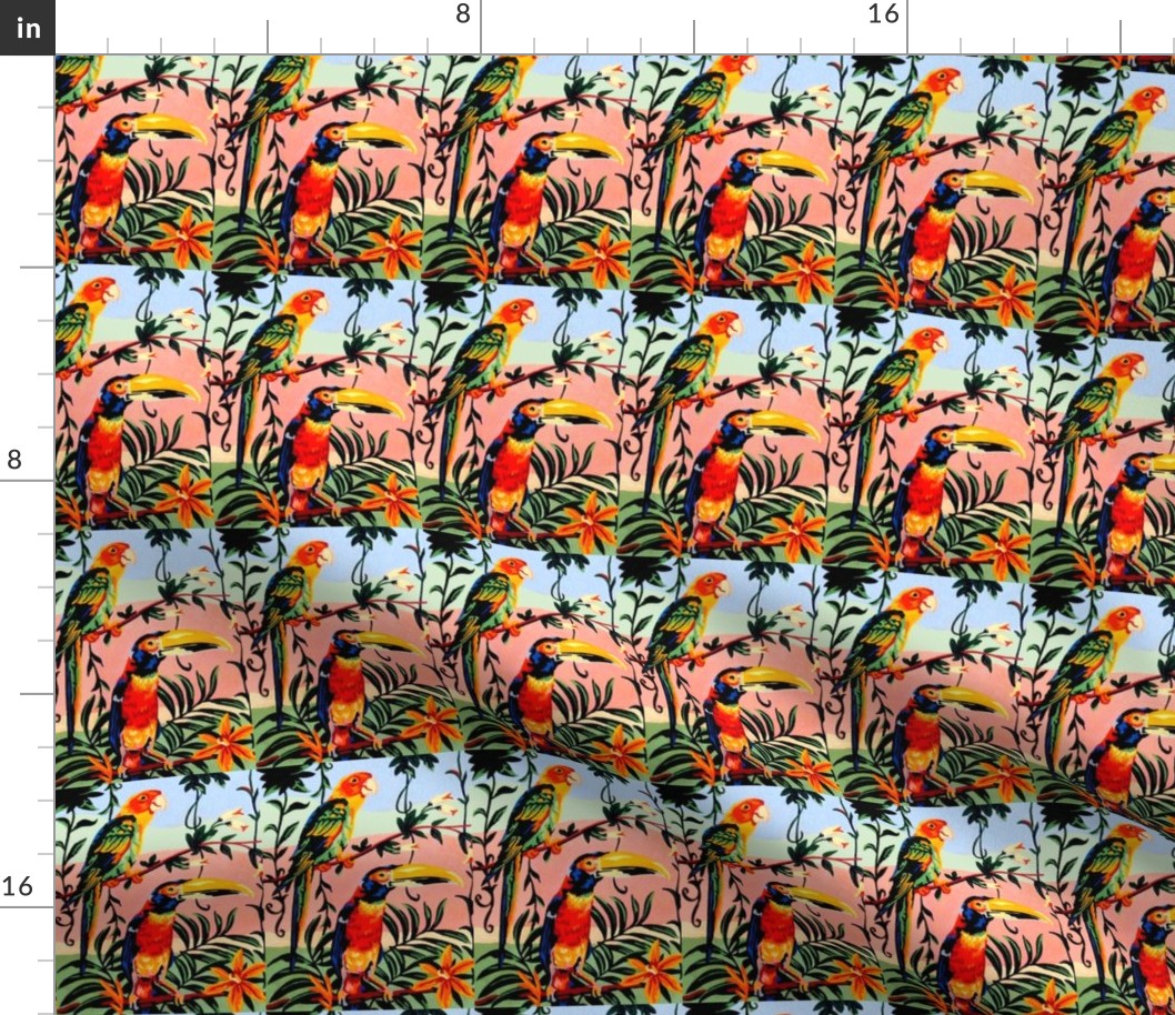 vintage retro kitsch tropics tropical forests plants trees flowers grass parrots toucans birds rainforests 