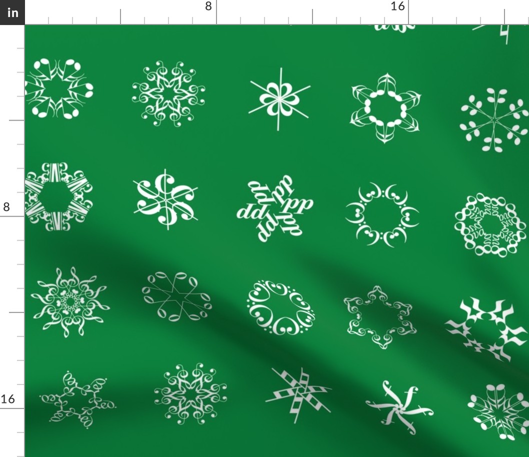 musical snowflakes large on deep spearmint green