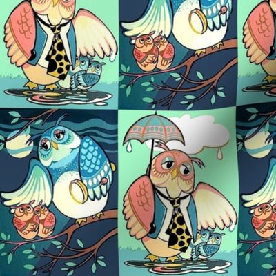 checkered chequered patchwork cheater quilt owls family parents father mother children day night raining umbrella torch light trees clouds grass kids