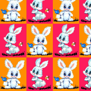 vintage retro kitsch checkered chequered patchwork cheater quilt bunny bunnies rabbits bumble bees birds 