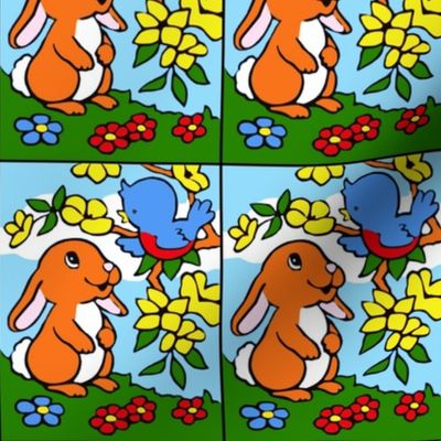 vintage retro kitsch bunny bunnies rabbits birds trees flowers grass fields clouds daytime