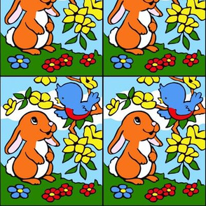 vintage retro kitsch bunny bunnies rabbits birds trees flowers grass fields clouds daytime