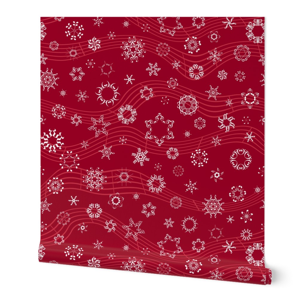 wind-blown musical snowflakes on crimson