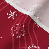 wind-blown musical snowflakes on crimson