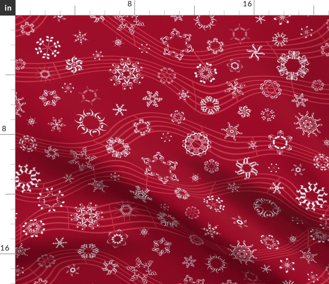 wind-blown musical snowflakes on crimson