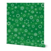 wind-blown musical snowflakes on deep spearmint green