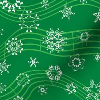 wind-blown musical snowflakes on deep spearmint green