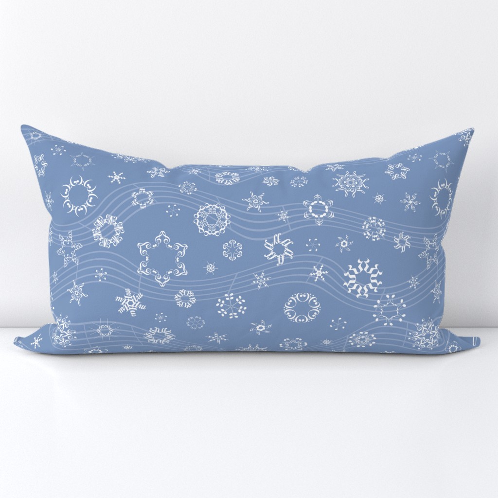 wind-blown musical snowflakes on Christmascolors frosty blue