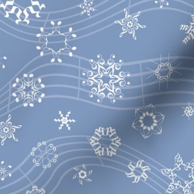 wind-blown musical snowflakes on Christmascolors frosty blue