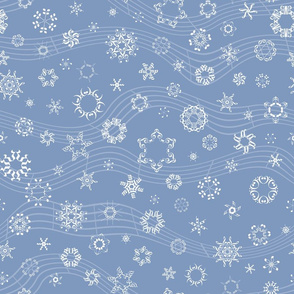 wind-blown musical snowflakes on Christmascolors frosty blue