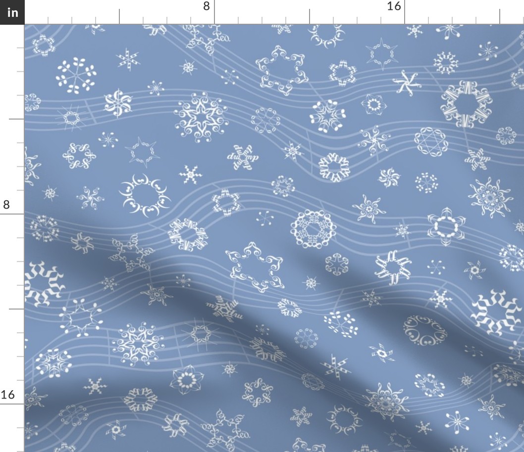 wind-blown musical snowflakes on Christmascolors frosty blue