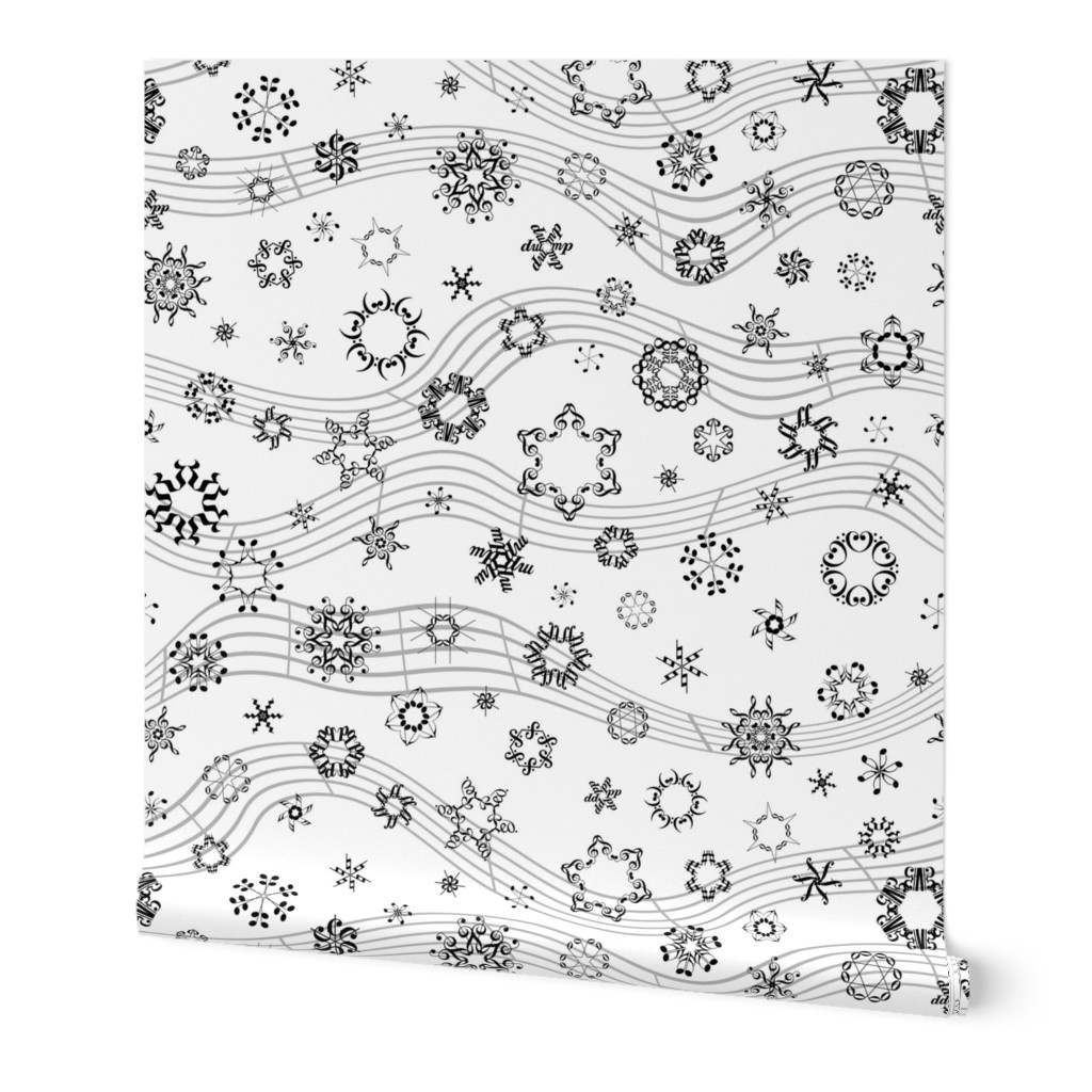 wind-blown musical snowflakes - black and white