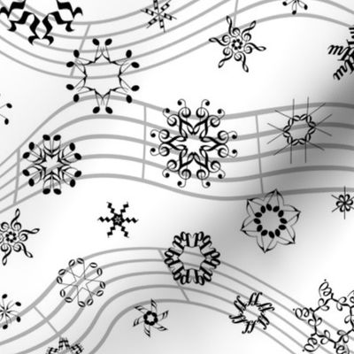 wind-blown musical snowflakes - black and white