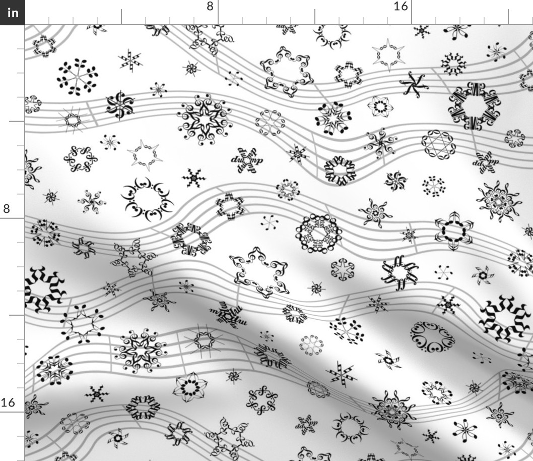 wind-blown musical snowflakes - black and white