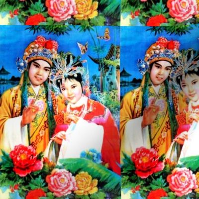 asian china chinese oriental chinoiserie ancient dynasty wedding bride groom marriage flowers peony mudan plants gardens couple lovers butterfly romance lakes rivers pavilion bamboos traditional 