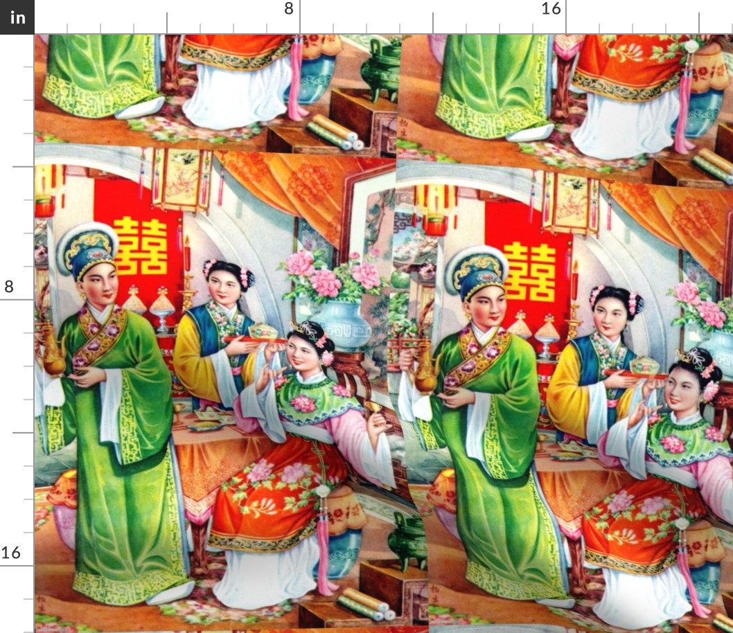 asian china chinese oriental chinoiserie ancient dynasty beijing peking opera wedding bride groom lanterns palace mudan peony food kanji marriage love romance 