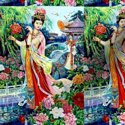 asian china chinese oriental chinoiserie ancient tang dynasty empress queens princess royalty palace gardens peony mudan flowers trees pavilion cranes