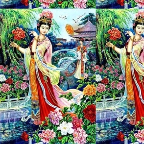 asian china chinese oriental chinoiserie ancient tang dynasty empress queens princess royalty palace gardens peony mudan flowers trees pavilion cranes