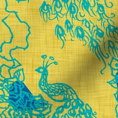 PEACOCKS + ROSES - vintage gold, teal + blue chinoiserie