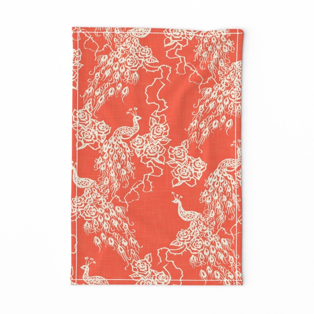 PEACOCKS + ROSES - coral chinoiserie