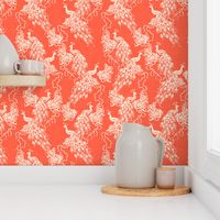 PEACOCKS + ROSES - coral chinoiserie