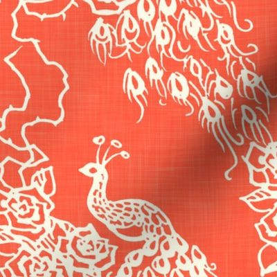 PEACOCKS + ROSES - coral chinoiserie