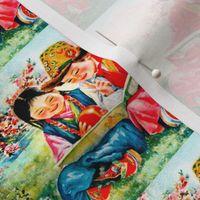 asian china chinese oriental chinoiserie traditional costumes children boys girls tribal tribe grasslands fields trees flowers minorities 