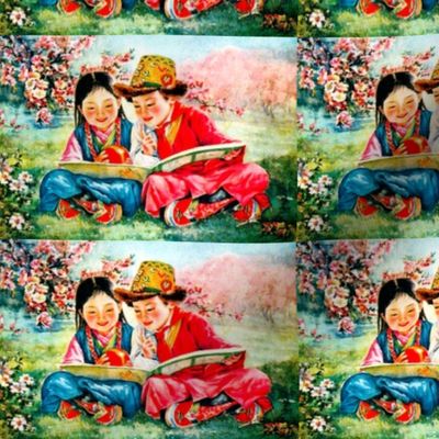 asian china chinese oriental chinoiserie traditional costumes children boys girls tribal tribe grasslands fields trees flowers minorities 