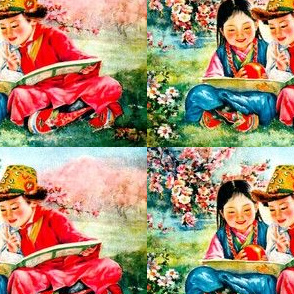 asian china chinese oriental chinoiserie traditional costumes children boys girls tribal tribe grasslands fields trees flowers minorities 